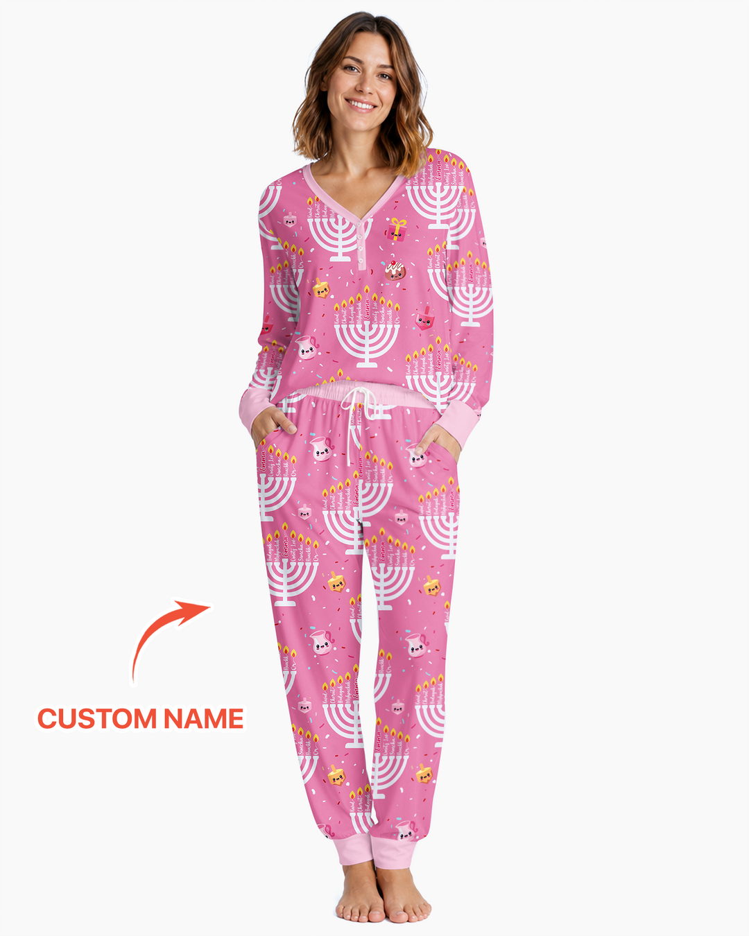 Custom Name Hannukkah Menorah Family Matching Bamboo Women Pajama Set