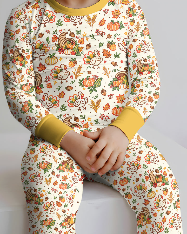 Thanksgiving Turkey Sketch Bamboo Two Piece Long Sleeve Pajama Set