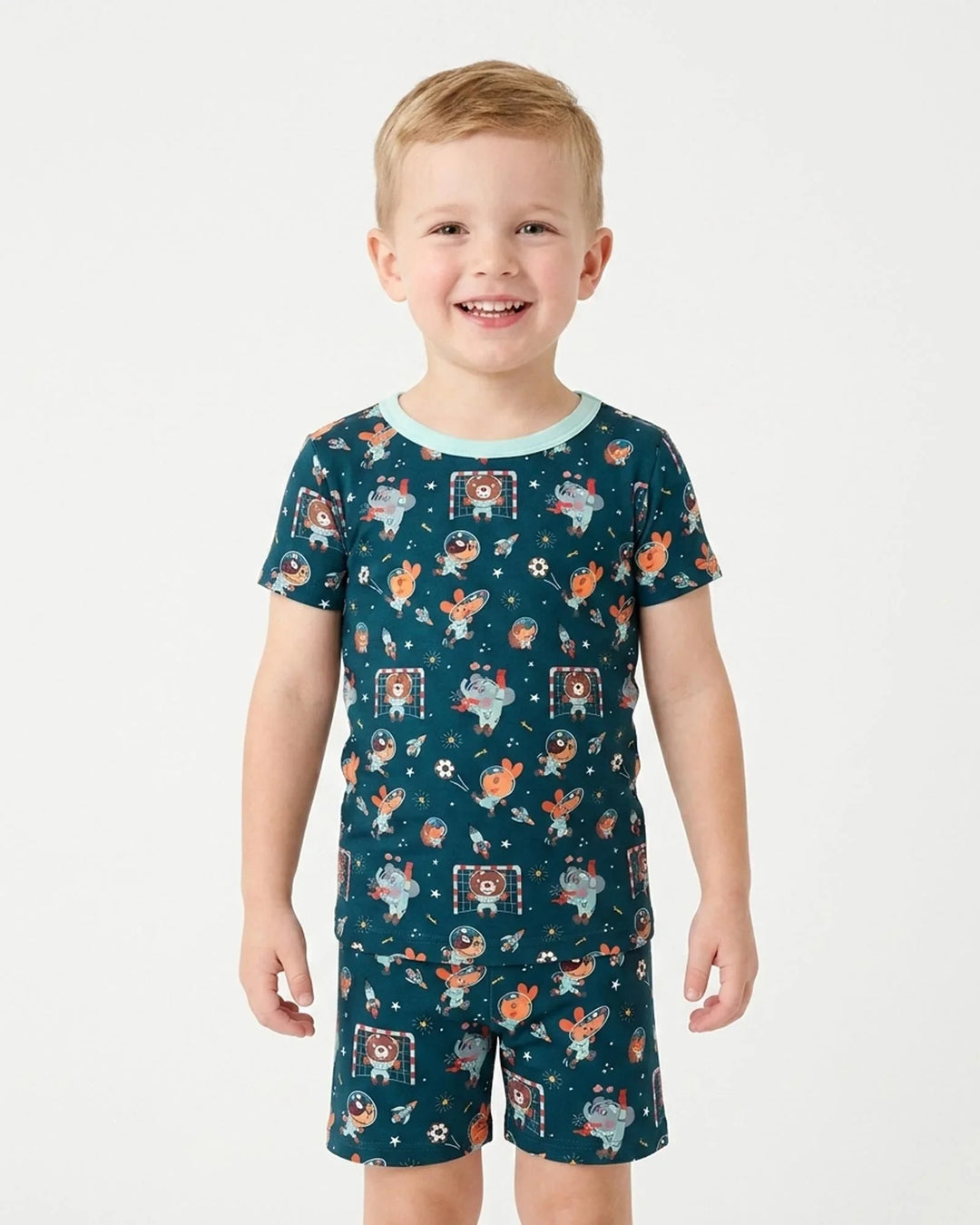 Space Soccer Bamboo Two Piece Short Sleeve Shorts Pajama Set