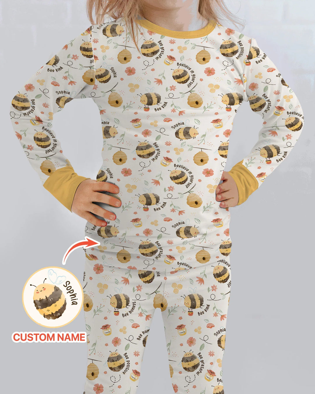 Bee Kind Custom Name Bamboo Two Piece Long Sleeve Pajama Set