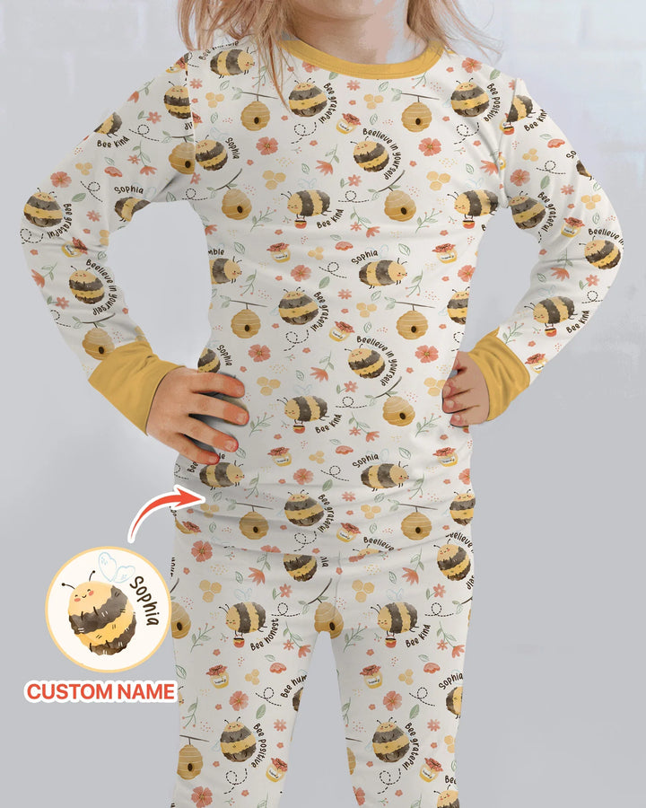 Bee Kind Custom Name Bamboo Two Piece Long Sleeve Pajama Set
