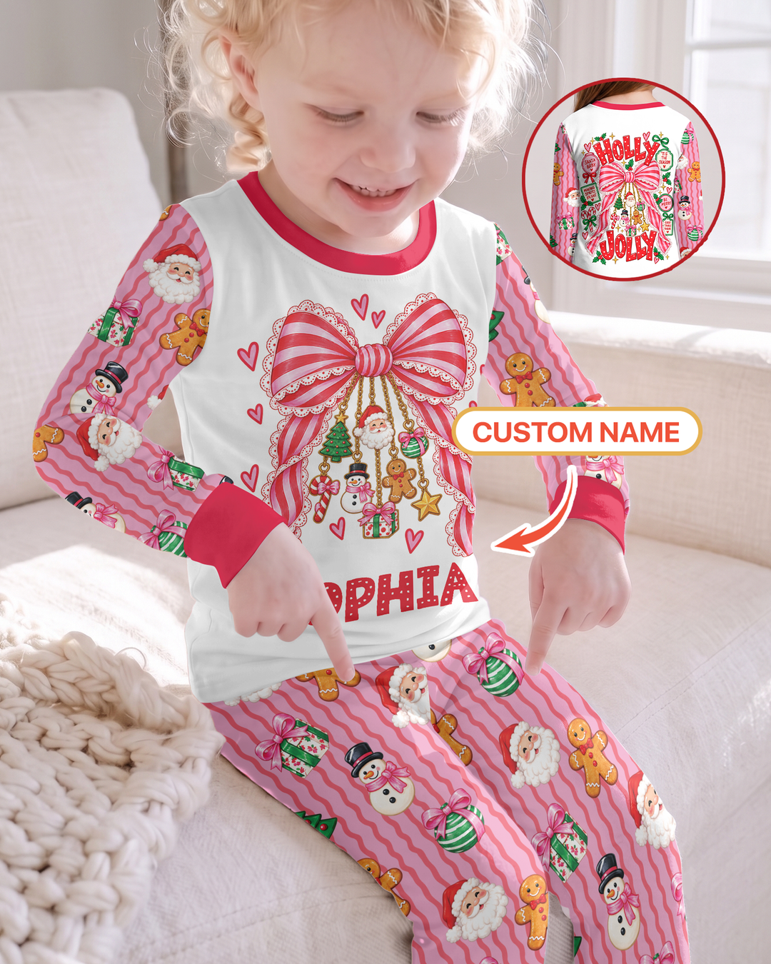 Holly Jolly Custom Name Mommy & Me Matching Bamboo Two Piece Long Sleeve Pajama Set