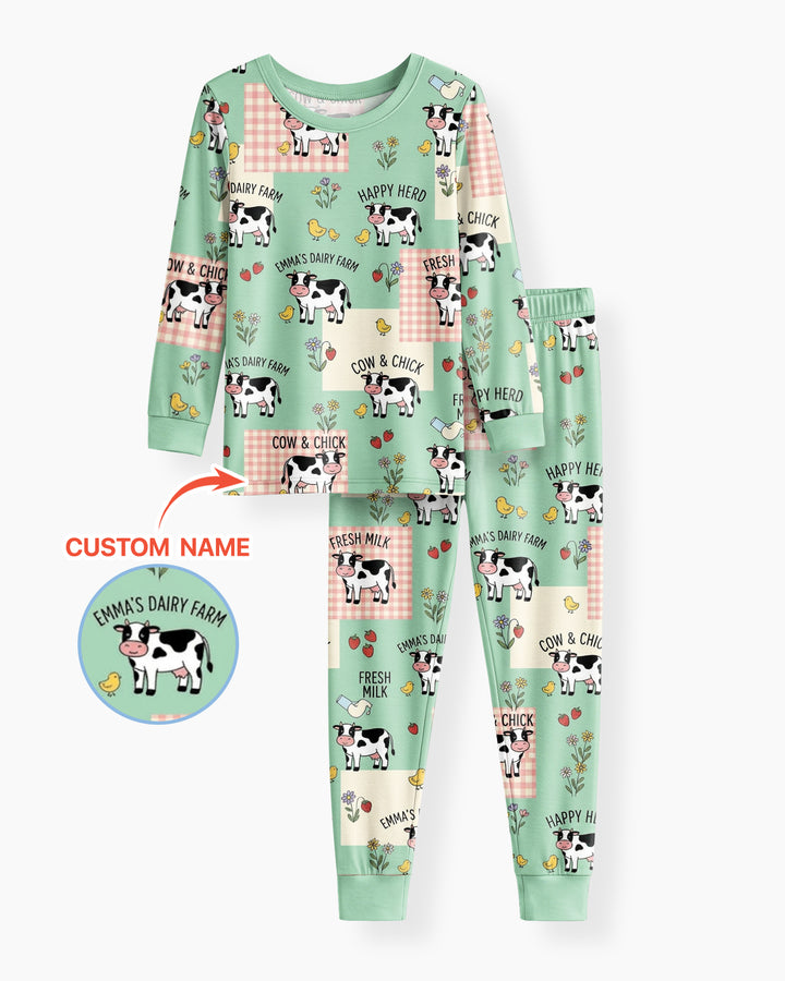 Custom Name Minty Farm And A Tiny Chick Bamboo Two Piece Long Sleeve Pajama Set