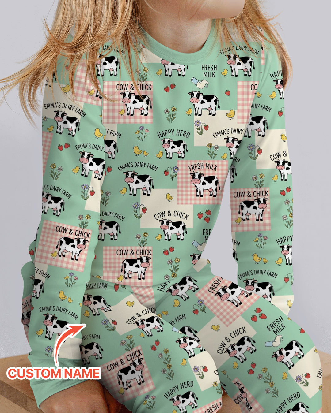 Custom Name Minty Farm And A Tiny Chick Bamboo Two Piece Long Sleeve Pajama Set