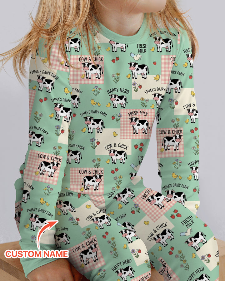 Custom Name Minty Farm And A Tiny Chick Bamboo Two Piece Long Sleeve Pajama Set