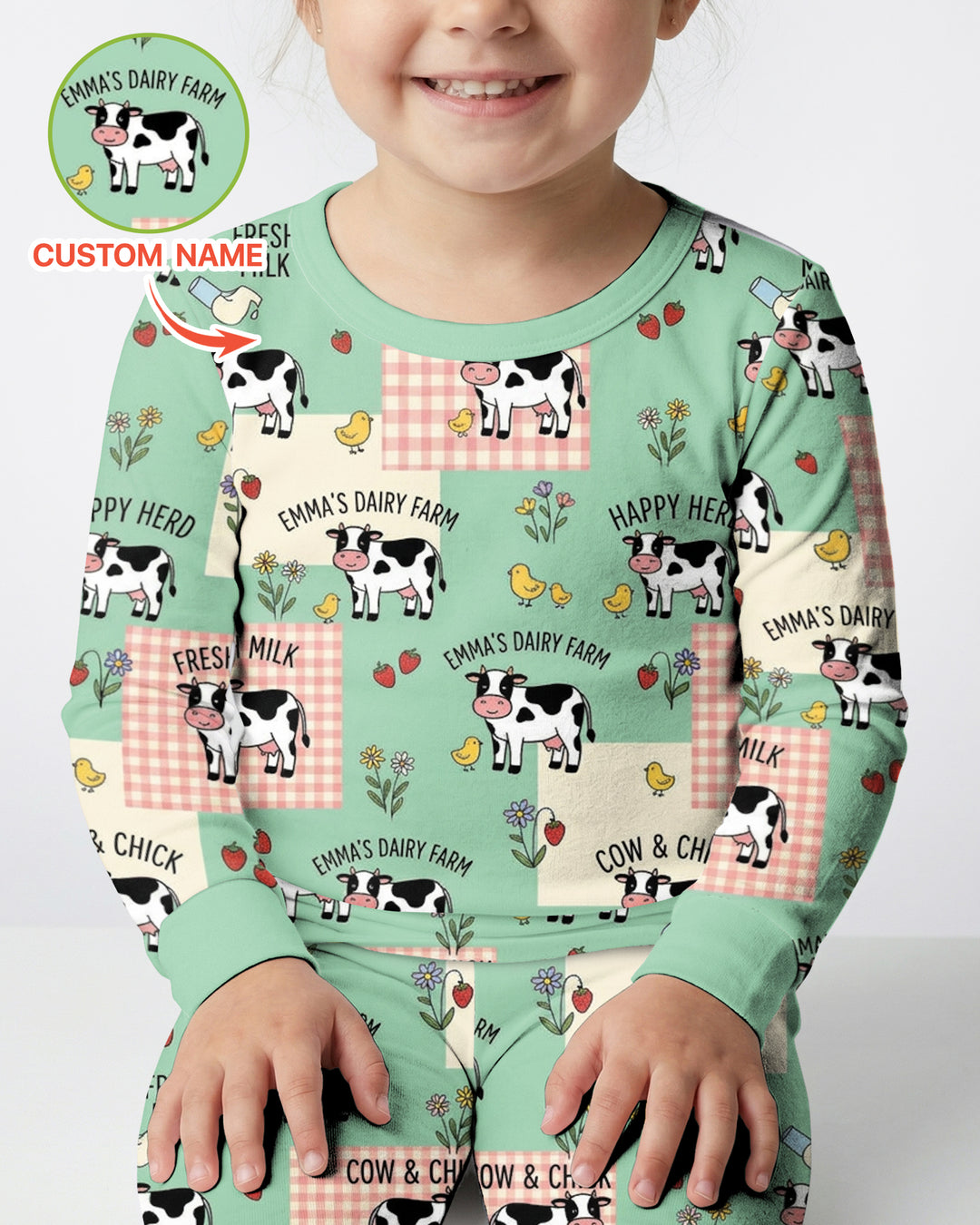Custom Name Minty Farm And A Tiny Chick Bamboo Two Piece Long Sleeve Pajama Set
