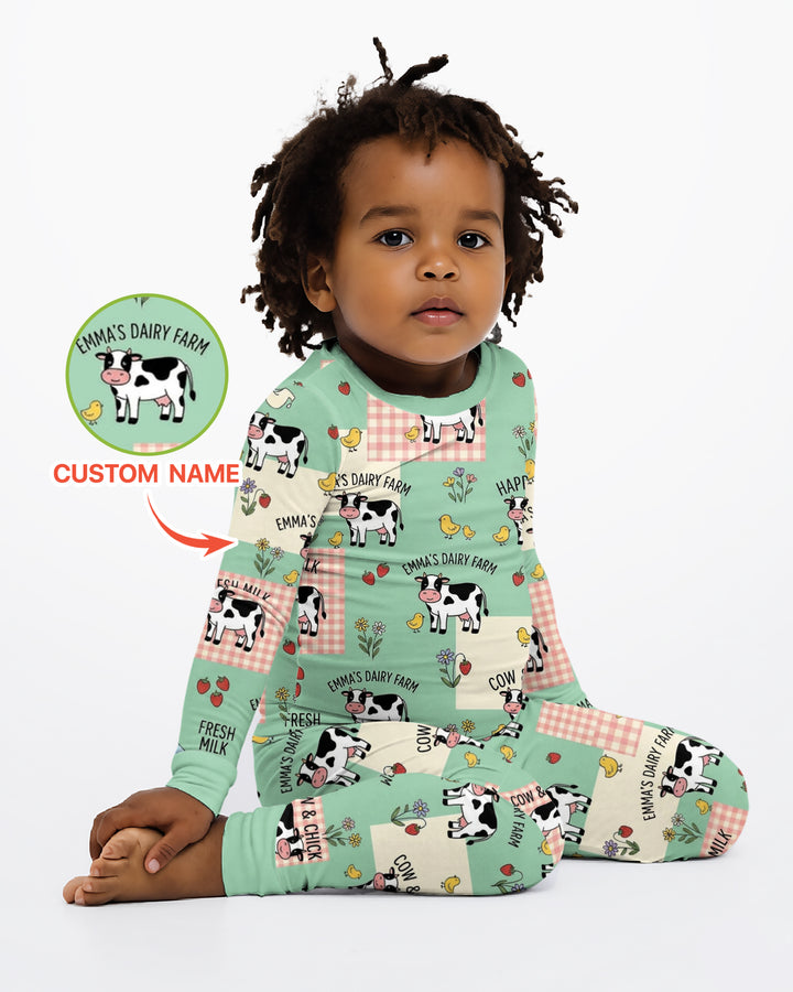 Custom Name Minty Farm And A Tiny Chick Bamboo Two Piece Long Sleeve Pajama Set