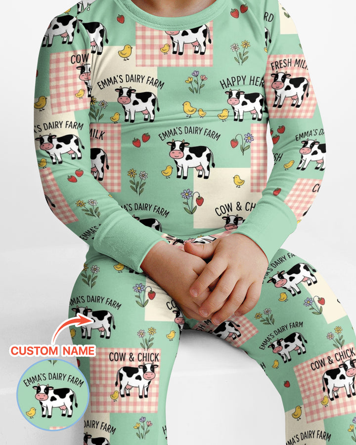 Custom Name Minty Farm And A Tiny Chick Bamboo Two Piece Long Sleeve Pajama Set