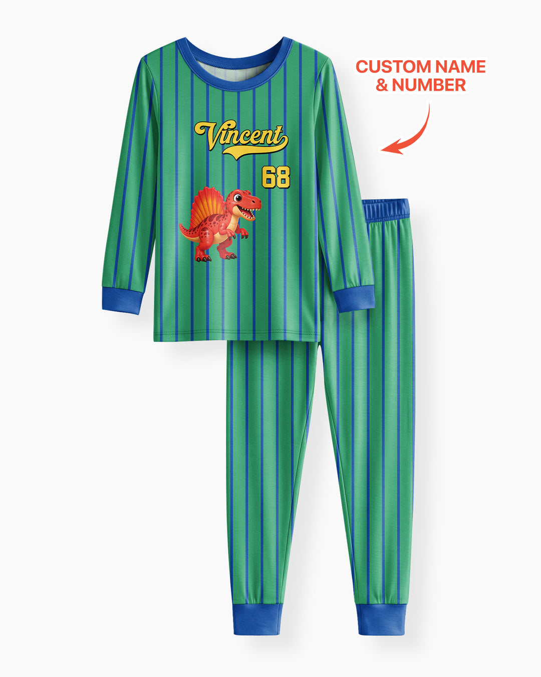 Personalized Retro Stripe Dinosaur T-Rex Bamboo Two Piece Long Sleeve Pajama Set