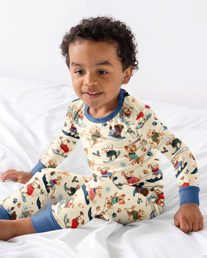 Snowboarding Dogs Bamboo Two Piece Long Sleeve Pajama Set