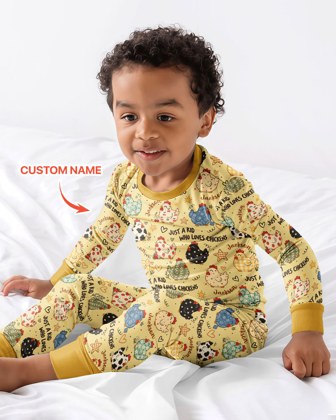 Custom Name Just A Kid Who Loves Chickens Bamboo Two Piece Long Sleeve Pajama Set
