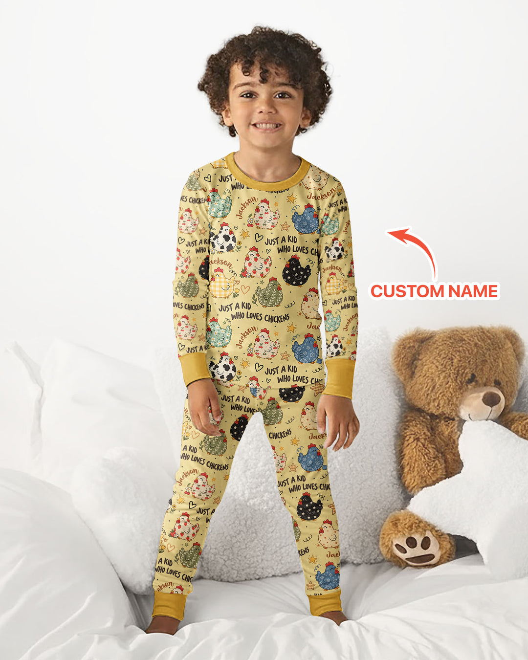 Custom Name Just A Kid Who Loves Chickens Bamboo Two Piece Long Sleeve Pajama Set