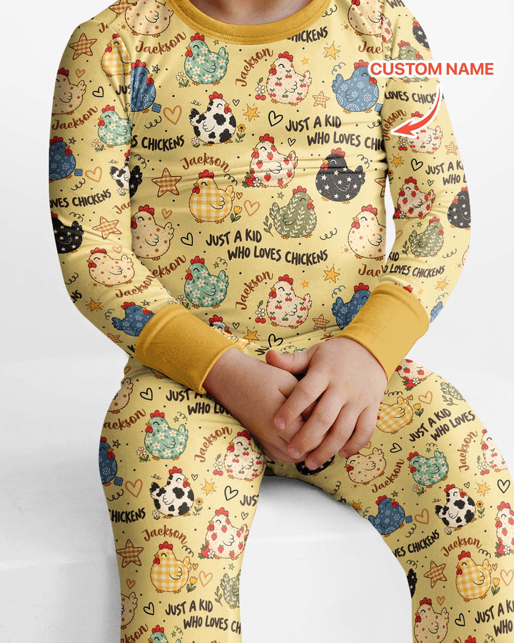 Custom Name Just A Kid Who Loves Chickens Bamboo Two Piece Long Sleeve Pajama Set