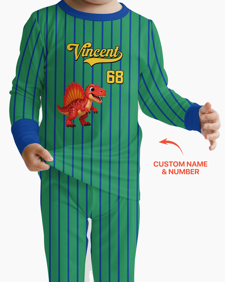 Personalized Retro Stripe Dinosaur T-Rex Bamboo Two Piece Long Sleeve Pajama Set