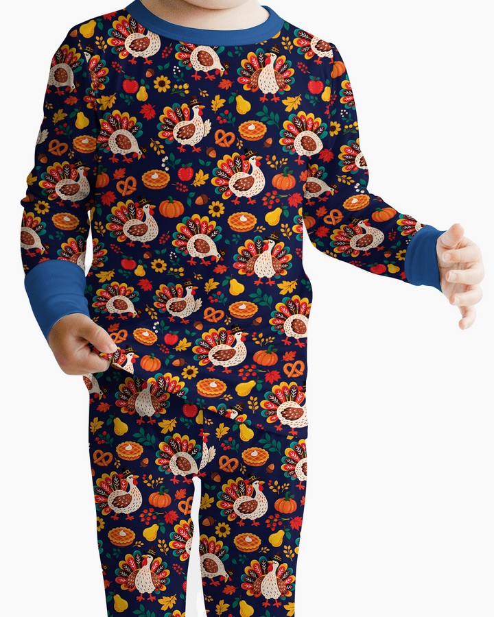 Festive Turkey Fall Harvest Bamboo Two Piece Long Sleeve Pajama Set