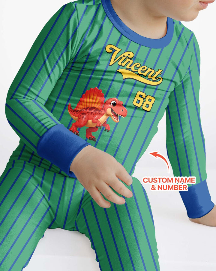 Personalized Retro Stripe Dinosaur T-Rex Bamboo Two Piece Long Sleeve Pajama Set