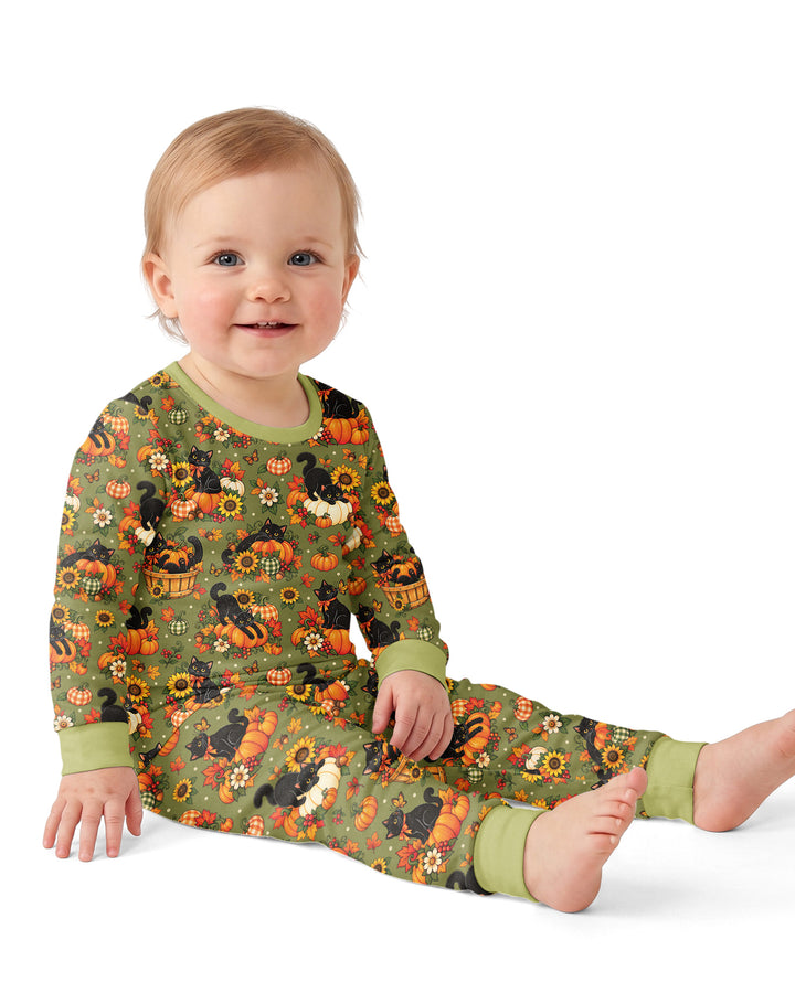 Vintage Black Cat Pumpkin Fall Bamboo Two Piece Long Sleeve Pajama Set