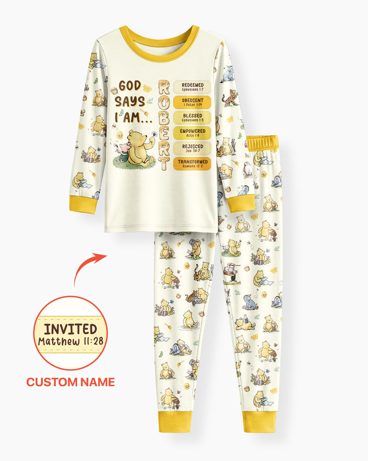 Personalized God Says I Am – Beloved Bear Bamboo Two Piece Long Sleeve Pajama Set