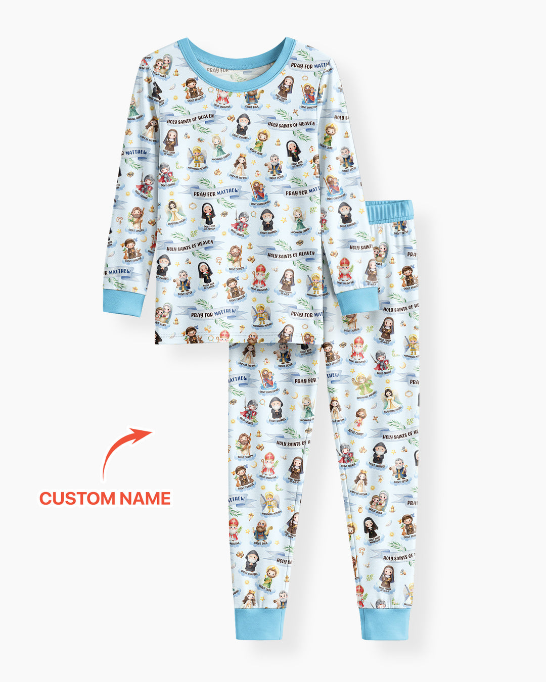 Santas y Santos del Cielo Juego de Pijama de Dos Piezas de Bambú de Manga Larga con Nombre Personalizado
