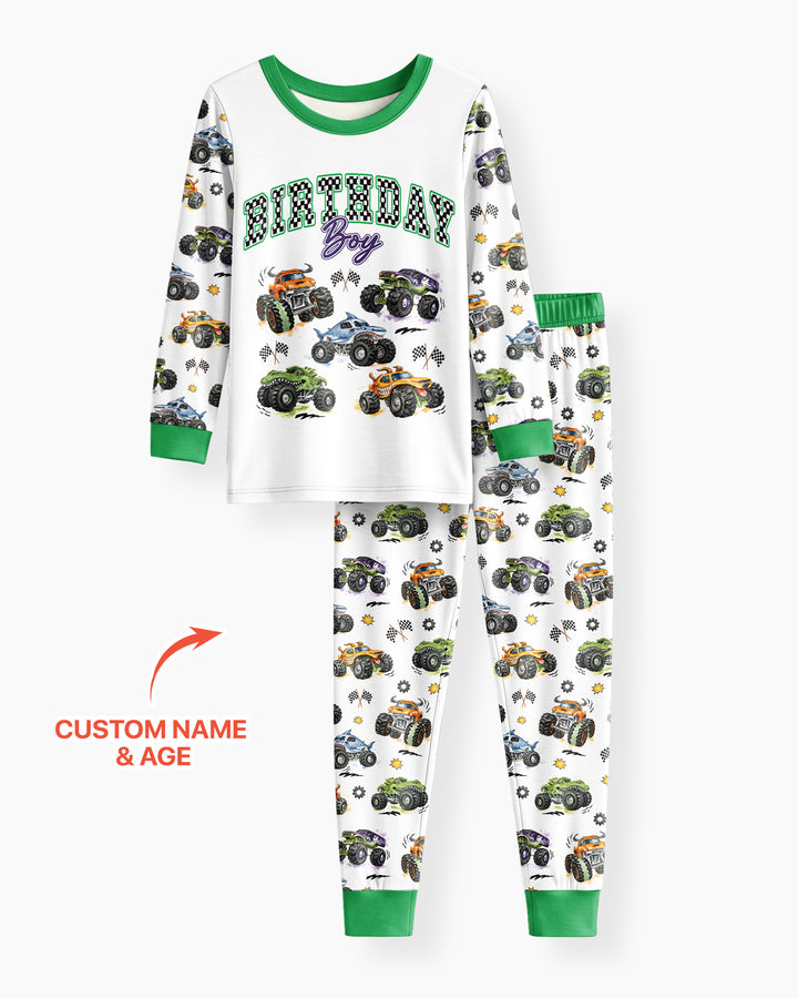 Personalized Monster Truck Birthday Bamboo Two Piece Long Sleeve Pajama Set