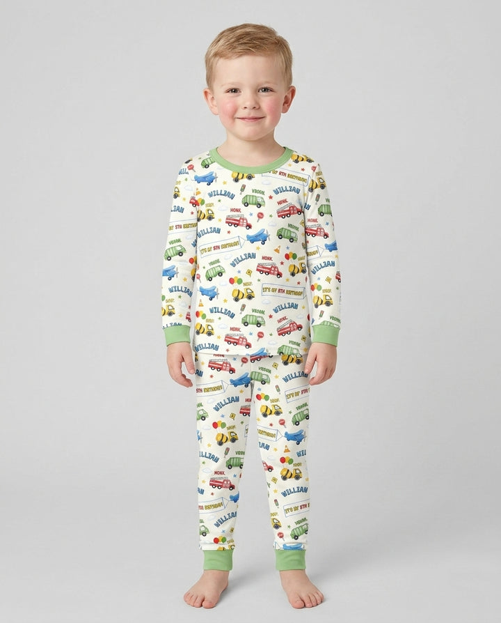 Personalized Transportation Birthday Bamboo Two Piece Long Sleeve Pajama Set