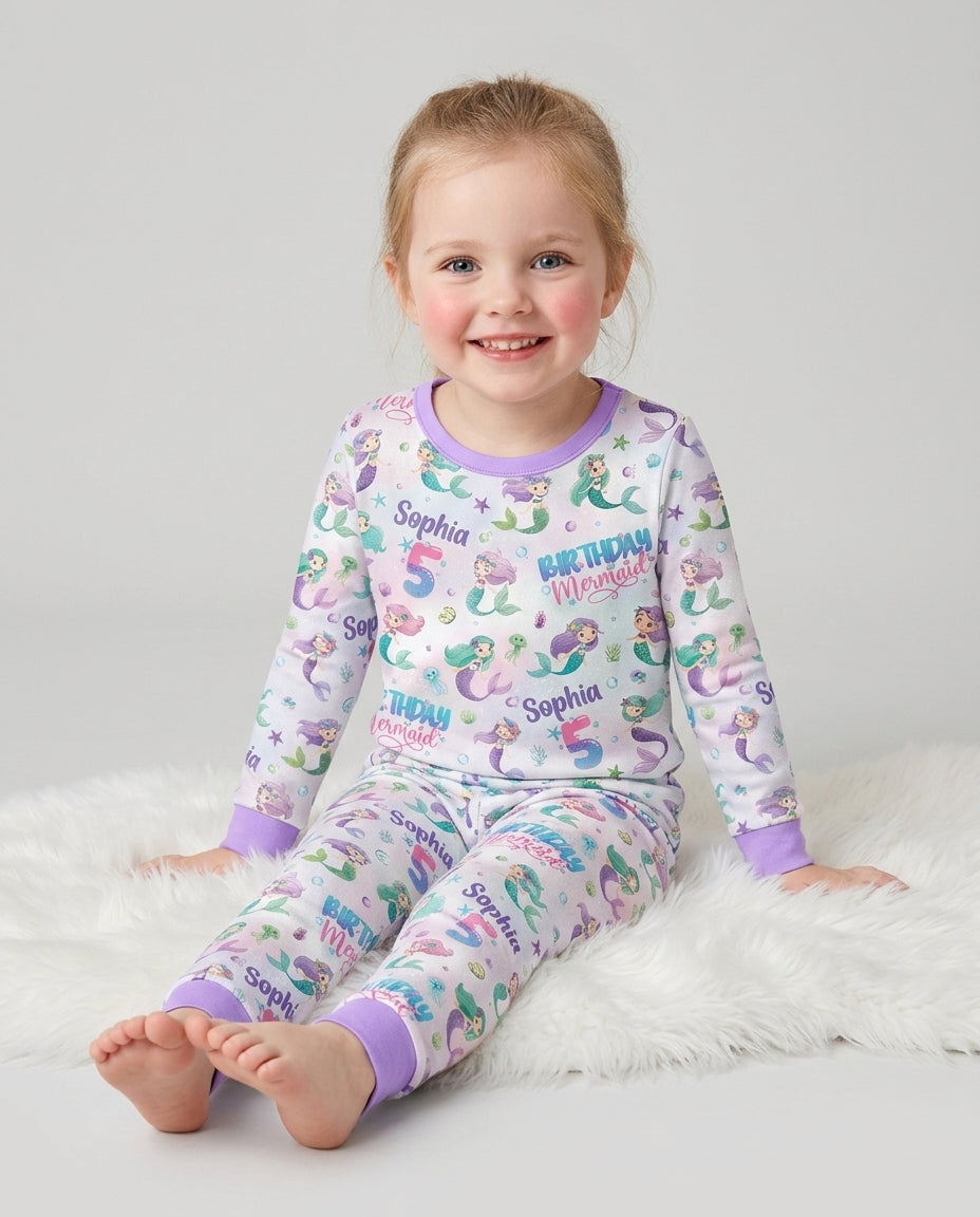 Custom Name and Age Birthday Mermaid Bamboo Two Piece Long Sleeve Pajama Set