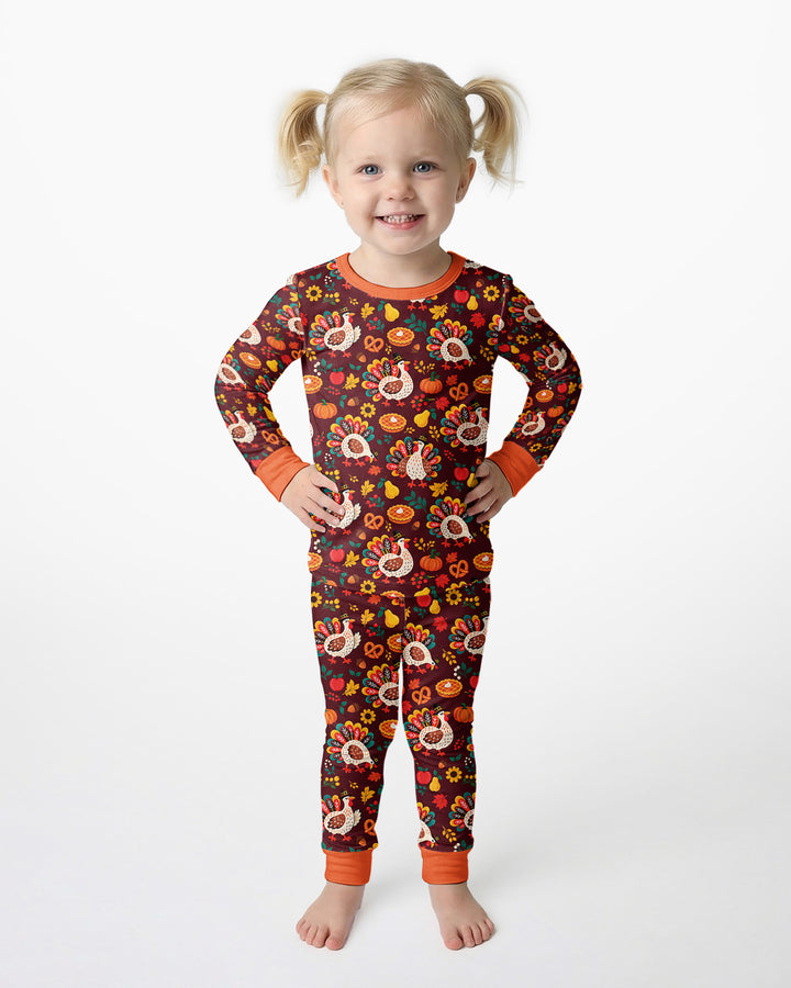 Festive Turkey Fall Harvest Bamboo Two Piece Long Sleeve Pajama Set