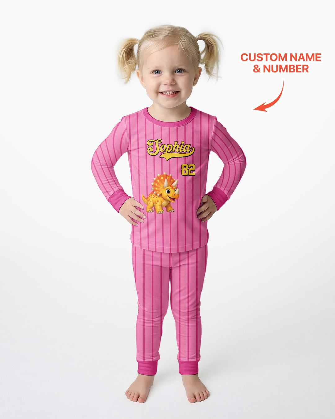 Personalized Retro Stripe Dinosaur T-Rex Bamboo Two Piece Long Sleeve Pajama Set