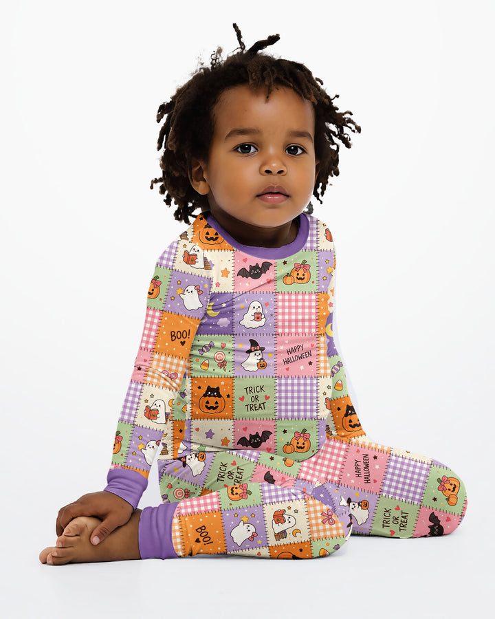 Cute Halloween Trick Or Treat Patchwork Bamboo Two Piece Long Sleeve Pajama Set
