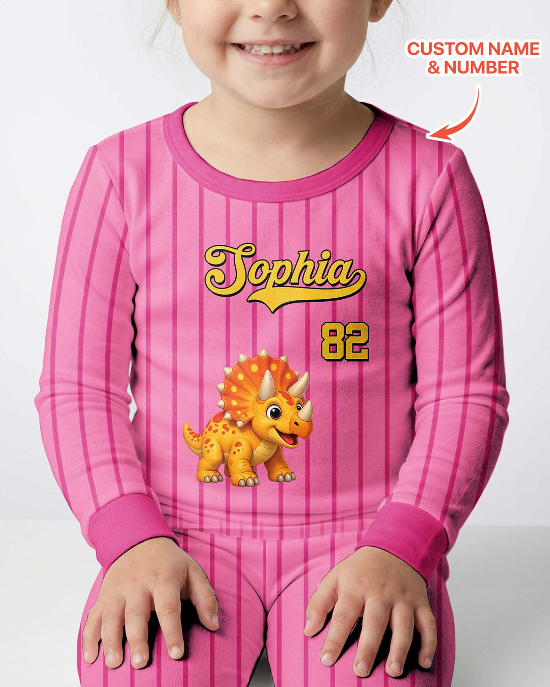 Personalized Retro Stripe Dinosaur T-Rex Bamboo Two Piece Long Sleeve Pajama Set
