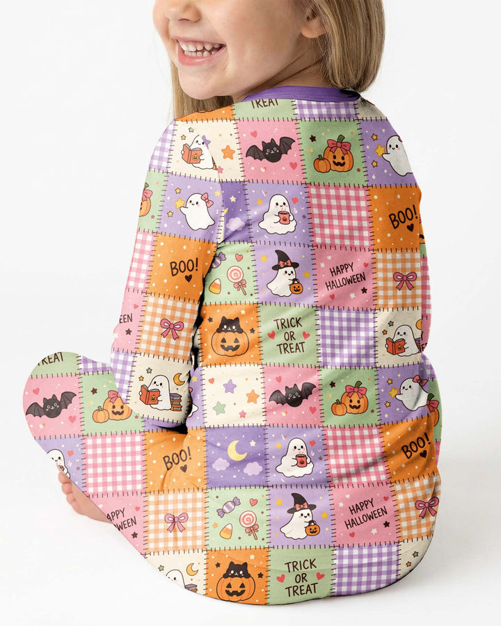 Cute Halloween Trick Or Treat Patchwork Bamboo Two Piece Long Sleeve Pajama Set