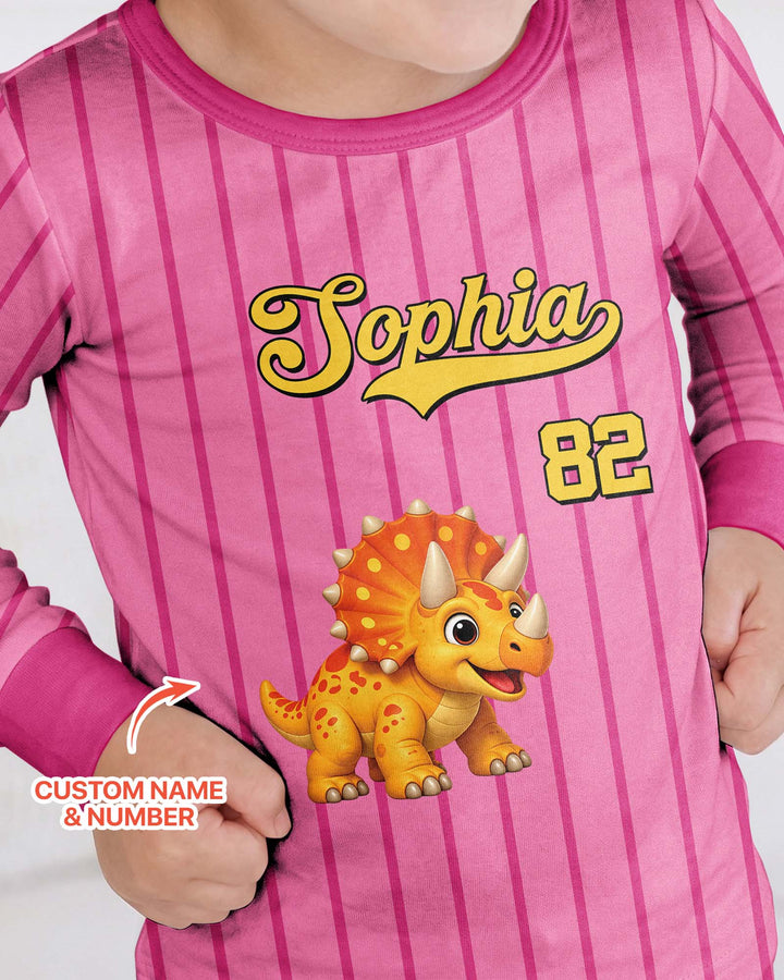 Personalized Retro Stripe Dinosaur T-Rex Bamboo Two Piece Long Sleeve Pajama Set