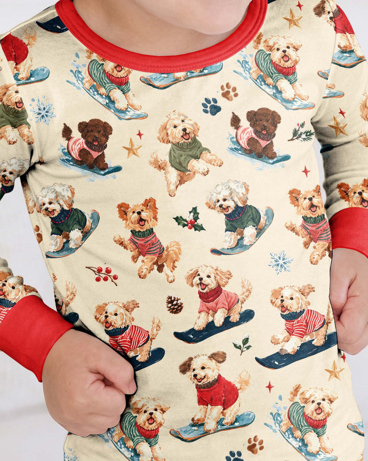 Snowboarding Dogs Bamboo Two Piece Long Sleeve Pajama Set