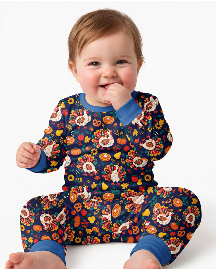 Festive Turkey Fall Harvest Bamboo Two Piece Long Sleeve Pajama Set
