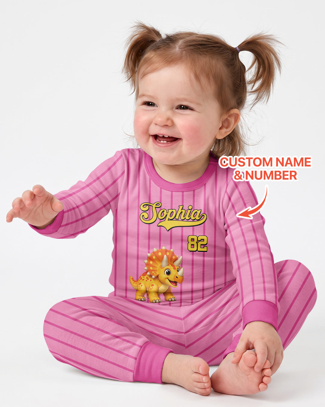 Personalized Retro Stripe Dinosaur T-Rex Bamboo Two Piece Long Sleeve Pajama Set