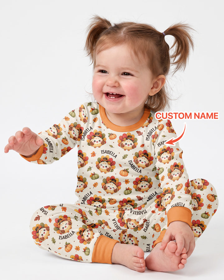 Cute Dumpling Turkey Thanksgiving Bamboo Two Piece Long Sleeve Pajama Set