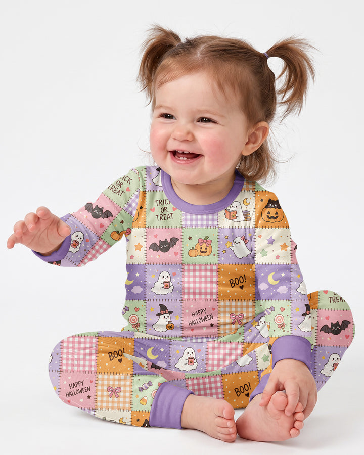 Cute Halloween Trick Or Treat Patchwork Bamboo Two Piece Long Sleeve Pajama Set