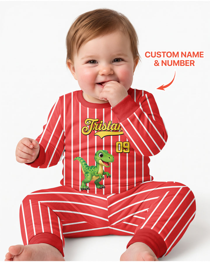 Personalized Retro Stripe Dinosaur T-Rex Bamboo Two Piece Long Sleeve Pajama Set