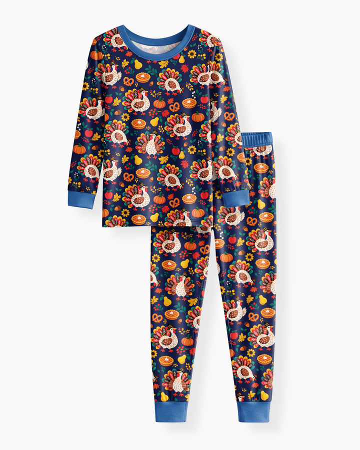 Festive Turkey Fall Harvest Bamboo Two Piece Long Sleeve Pajama Set