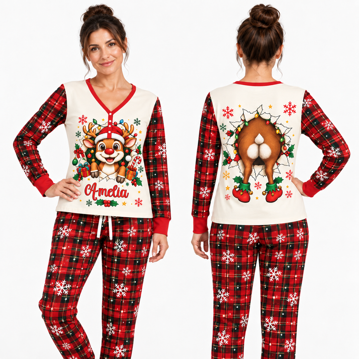 Cute Reindeer in Santa Hat Bamboo Women Pajama Set
