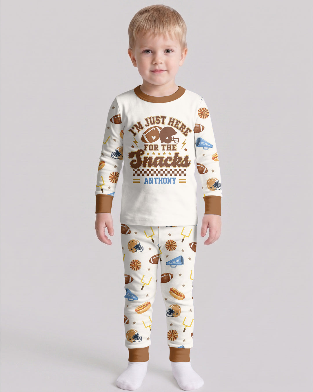 Custom Name Football I'm Just Here For The Snacks Bamboo Two Piece Long Sleeve Pajama Set