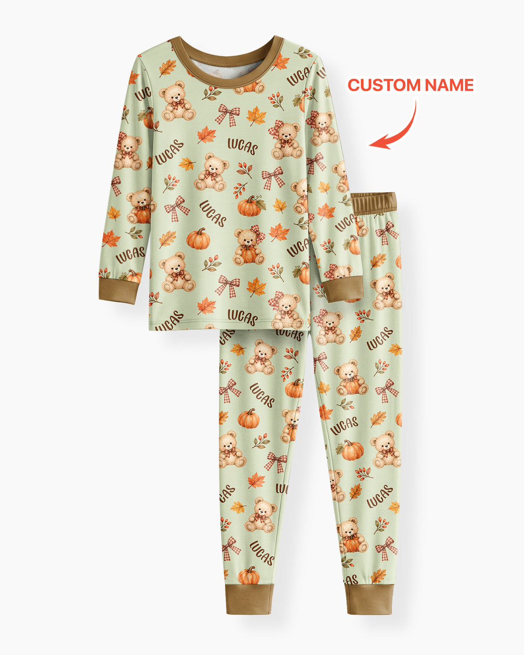Fall Gingham Bow Teddy Bear Bamboo Two Piece Long Sleeve Pajama Set