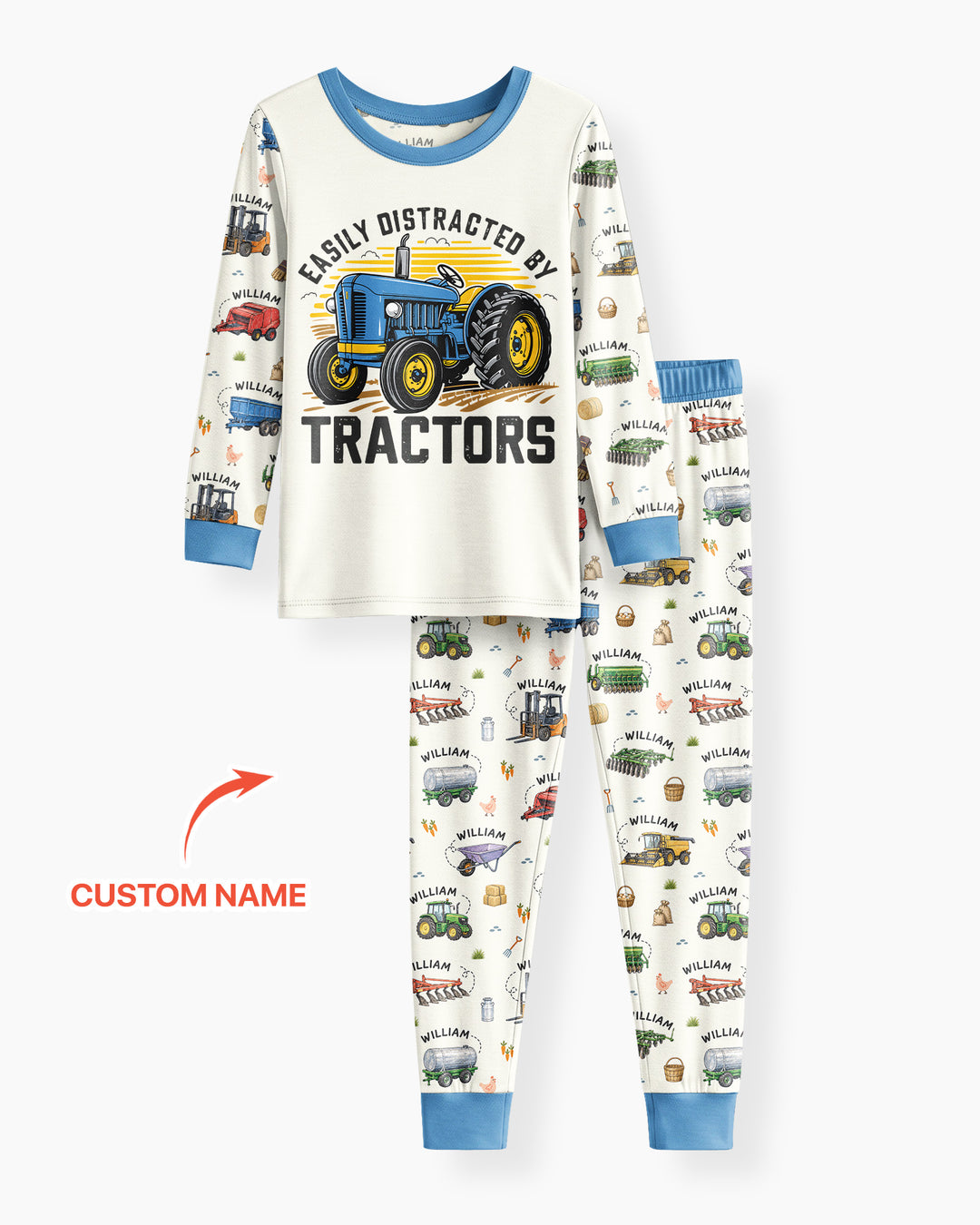 Easily Distracted By Tractors Custom Name Bamboo Two Piece Long Sleeve Pajama Set