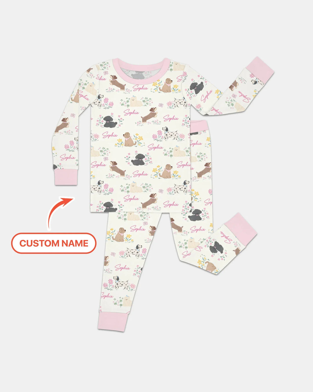 Custom Name Flower Dogs Two Piece Long Sleeve Pajama Set