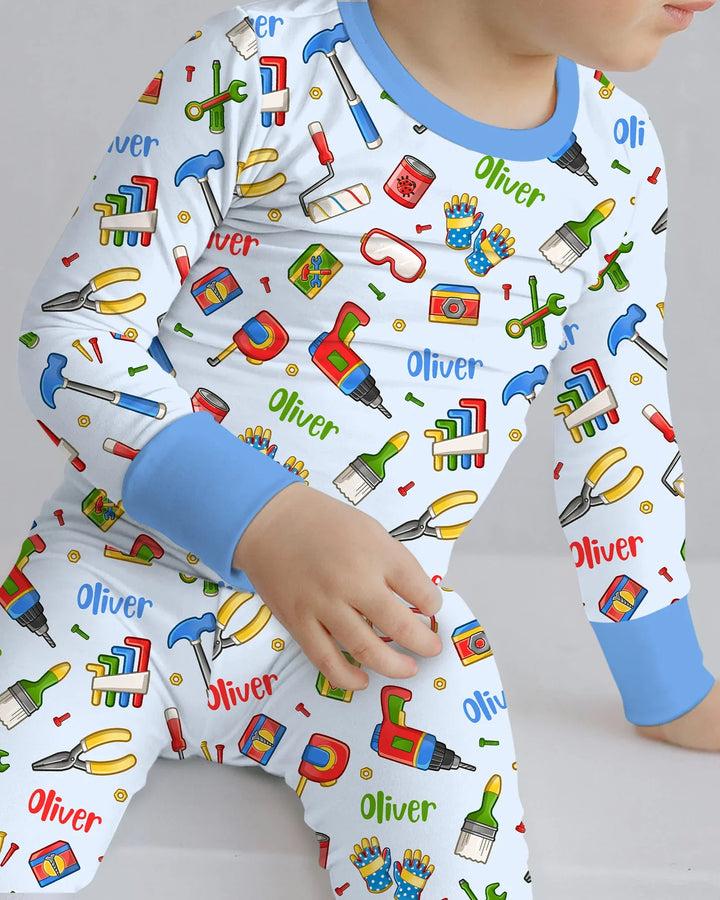 Custom Name Dad & Me Fixer Crew Bamboo Two Piece Long Sleeve Pajama Set
