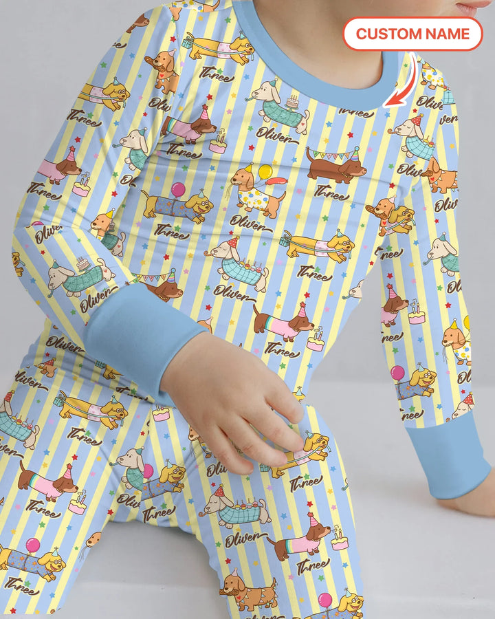 Custom Name Birthday Dachshund Bamboo Two Piece Long Sleeve Pajama Set