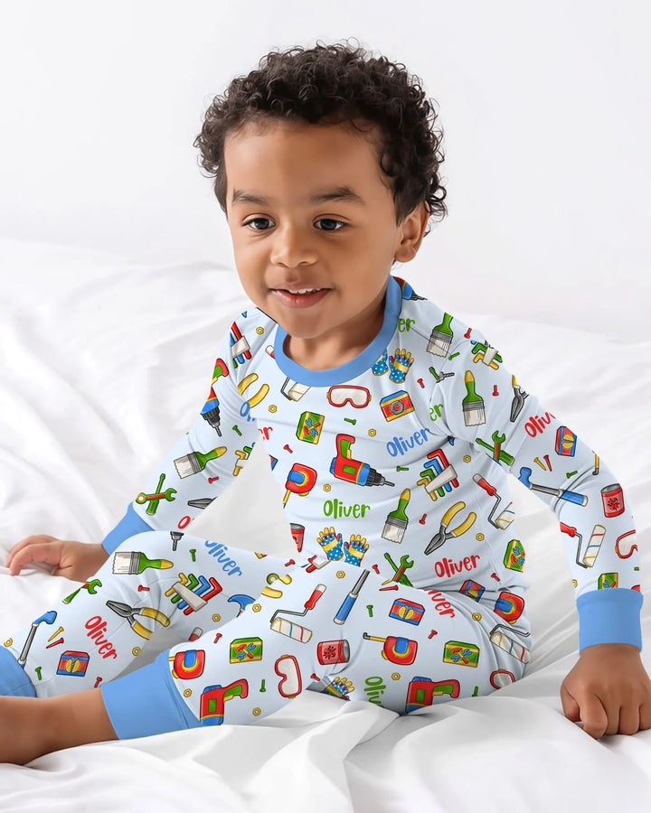 Custom Name Dad & Me Fixer Crew Bamboo Two Piece Long Sleeve Pajama Set