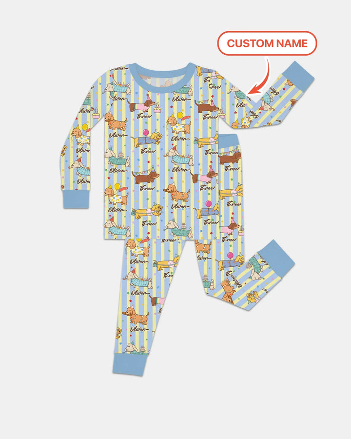 Custom Name Birthday Dachshund Bamboo Two Piece Long Sleeve Pajama Set