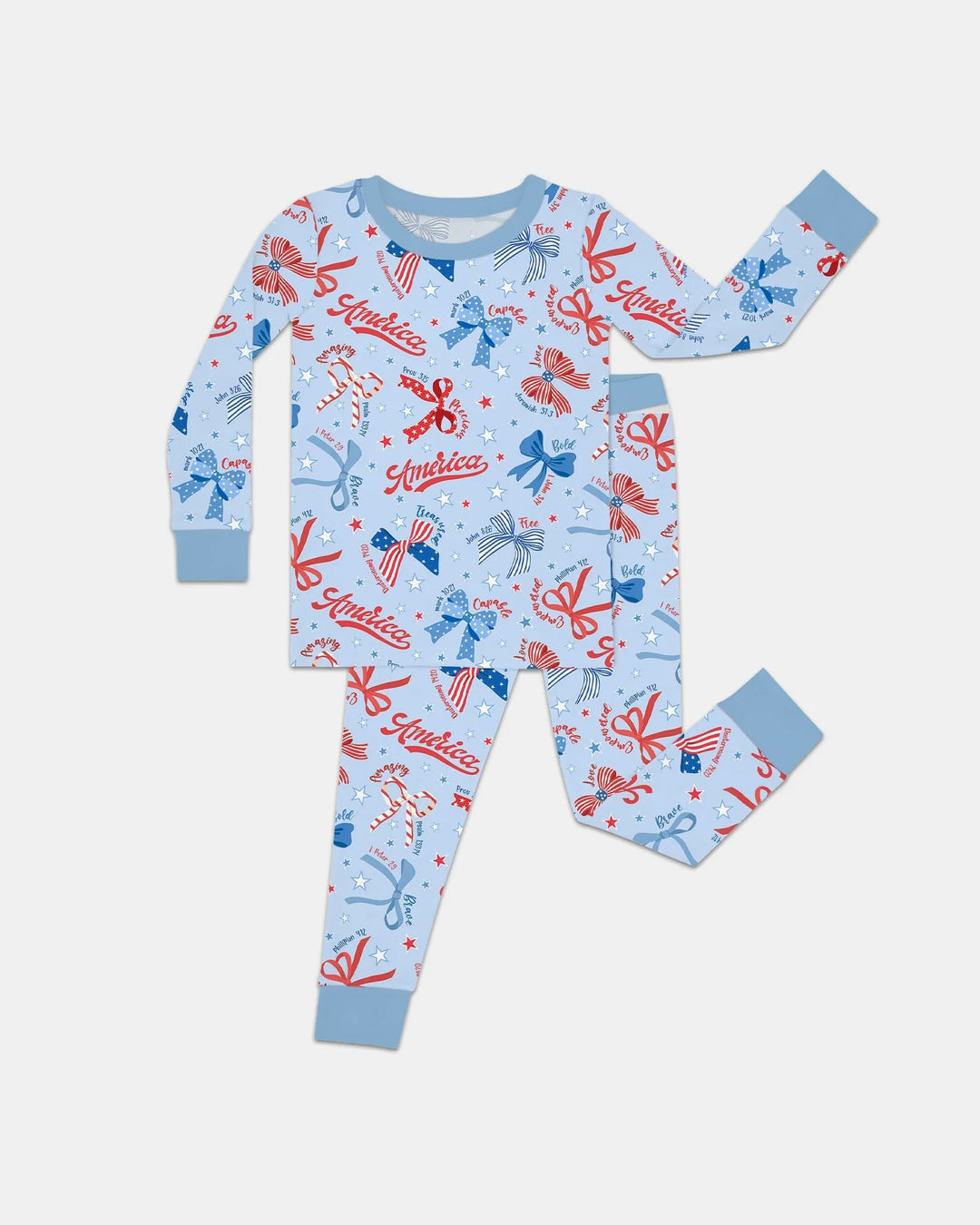 Pijama de dos piezas de manga larga de bambú con temática patriótica para niña