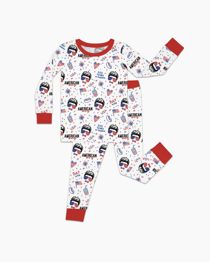 Doodle American Flag Glasses Family Matching Bamboo Two Piece Long Sleeve Pajama Set